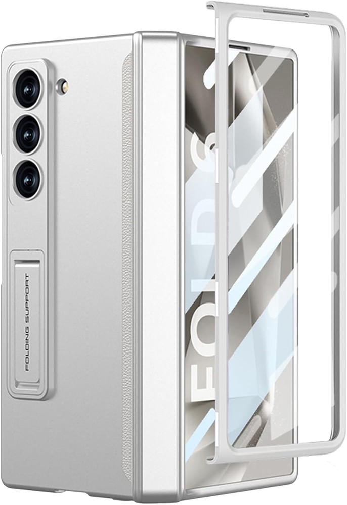 Samsung Galaxy Z Fold 6 Case with Kickstand, Built in Screen Protector, Silver