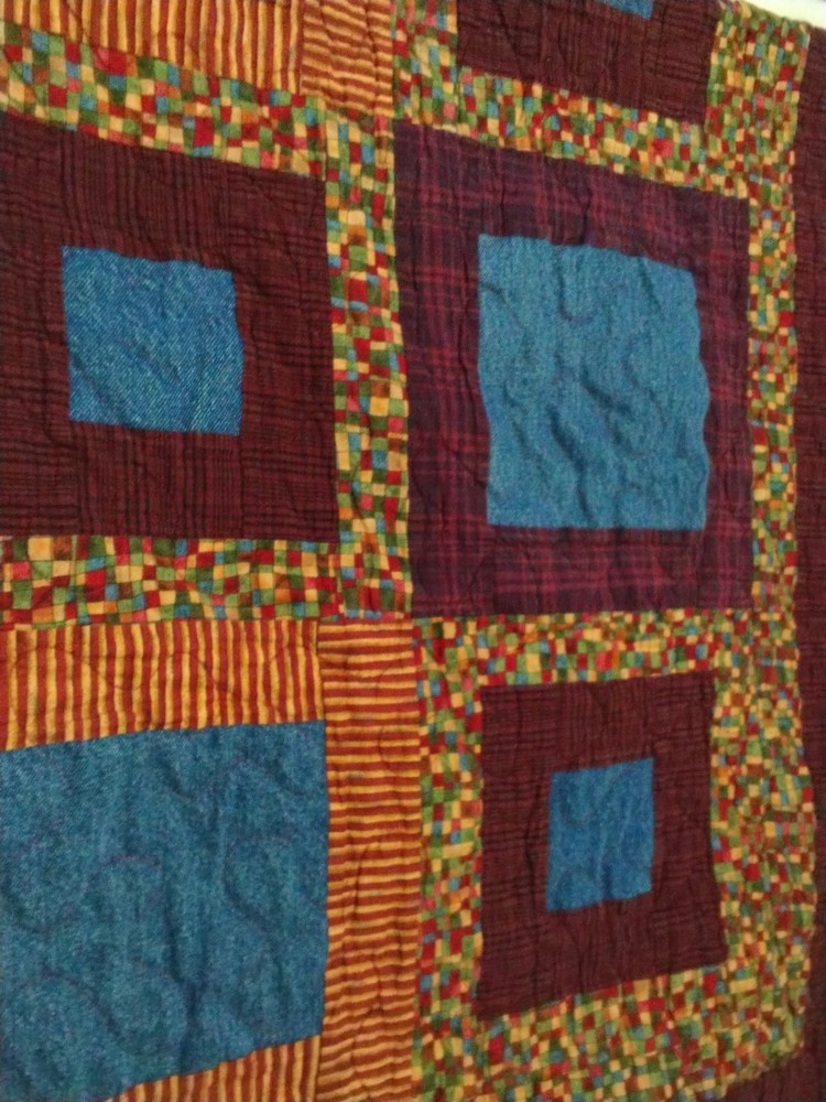 Patchwork Quilt 46"X52", Square Deep Colors Strip, Checkered, Denim, Plaid, Nice