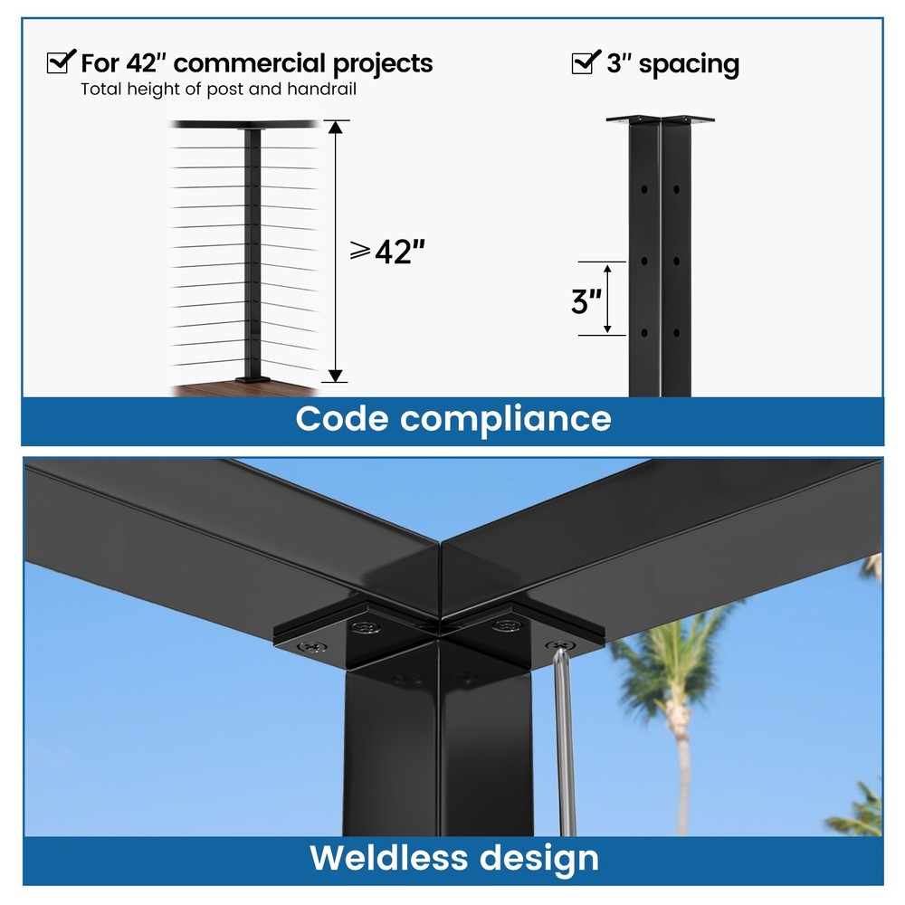 Muzata T-Corner 42"x2"x2"Fixed Top Black Cable Railing Post PS02 B34L