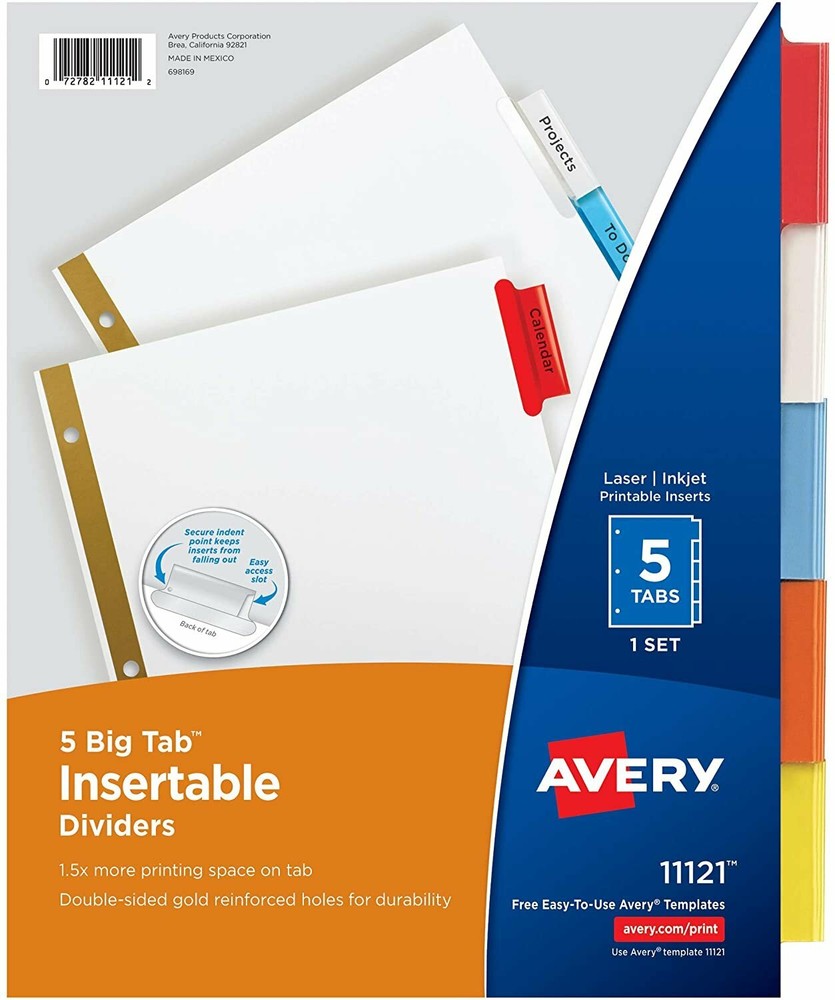 Avery 5-Tab Binder Dividers, Insertable Multicolor Big Tabs, 1 Set (11121)