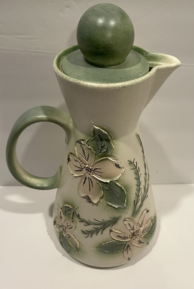 MCM CERAMIC PITCHER, HANDCRAFTED, FLORAL DECORATED, DIMENSIONAL, SIGNED MARION.