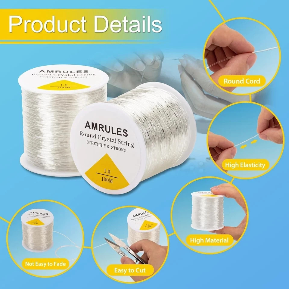 2 Rolls 1mm Elastic String for Bracelets, 656 Feet Crystal Stretchy White