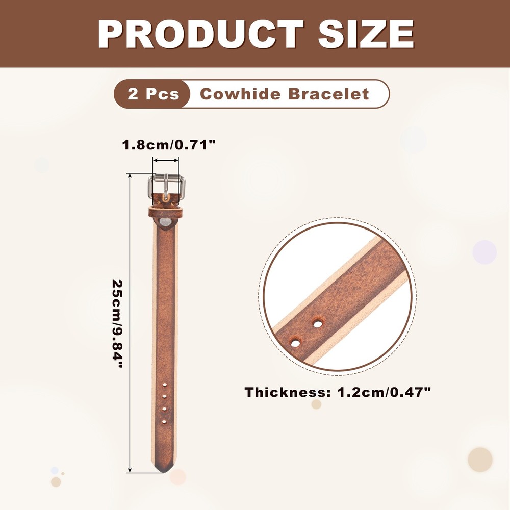 2Pcs Plain Leather Bracelets Buckle Bangle,Brown Punk Bracelets