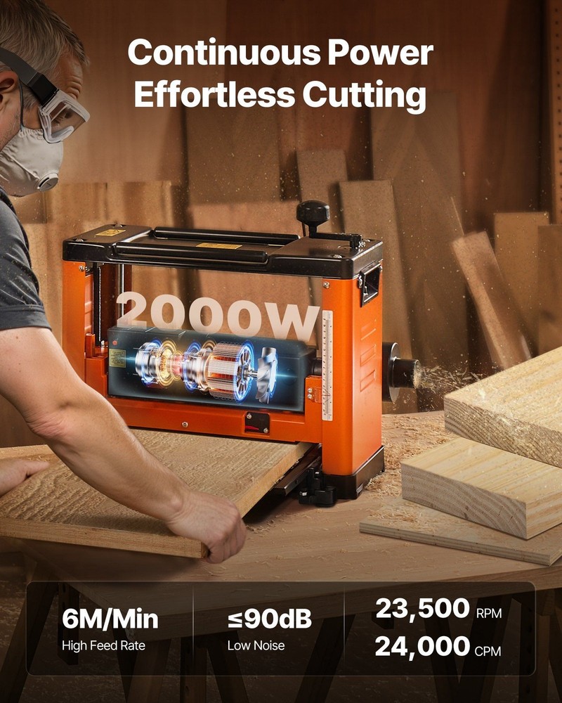 13in Benchtop Thickness Planer, 2000W, 3 HSS Blades, Dual Rollers