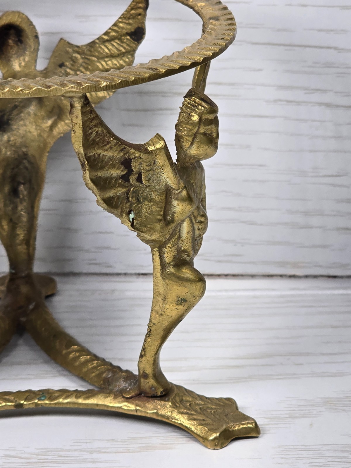 VTG Brass Cherub Angel Plant Stand Vase Holder Figural Putti Art Deco Table Base