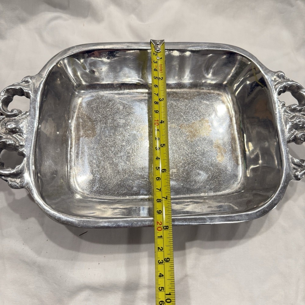 Vintage Silver Tone Serving Dish Ornate Handles Rectangular Vanity Tray 13”