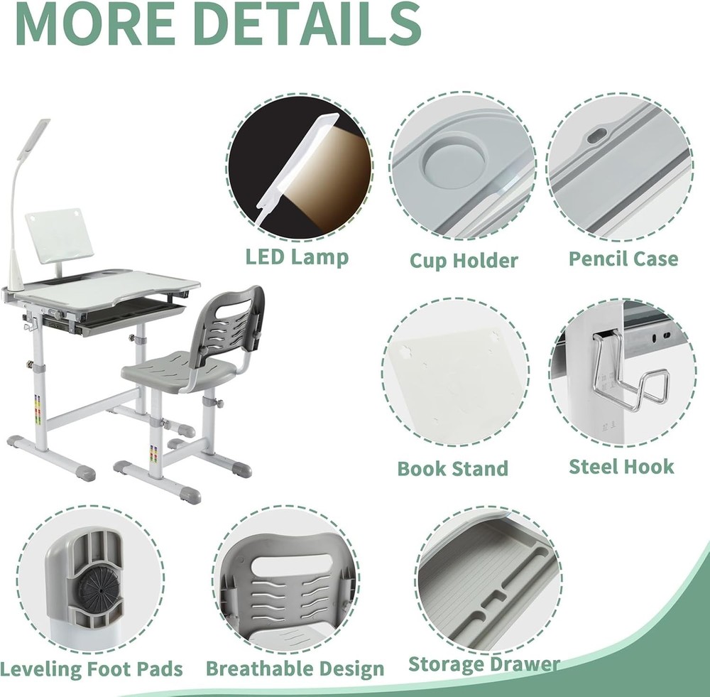 Ergonomic Children Study Desk with LED Light, Grey