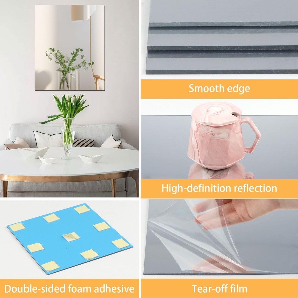 2Pcs Acrylic Mirror Sheet for Wall, 15.7" x 19.6" Large Rectangular Mirror Ti...