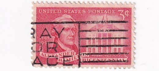 STAMP US SCOTT 1086 "Hamilton & Federal Hall" 3 CENT 1957 USED WAVE CANCEL - F