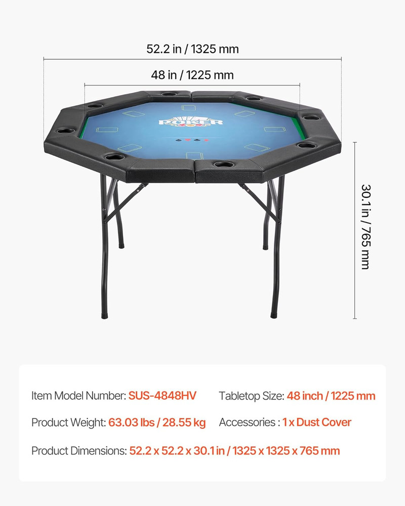 Foldable 8-Player Poker Table with Cup Holders & Padded Rails, 48 in Octagonal