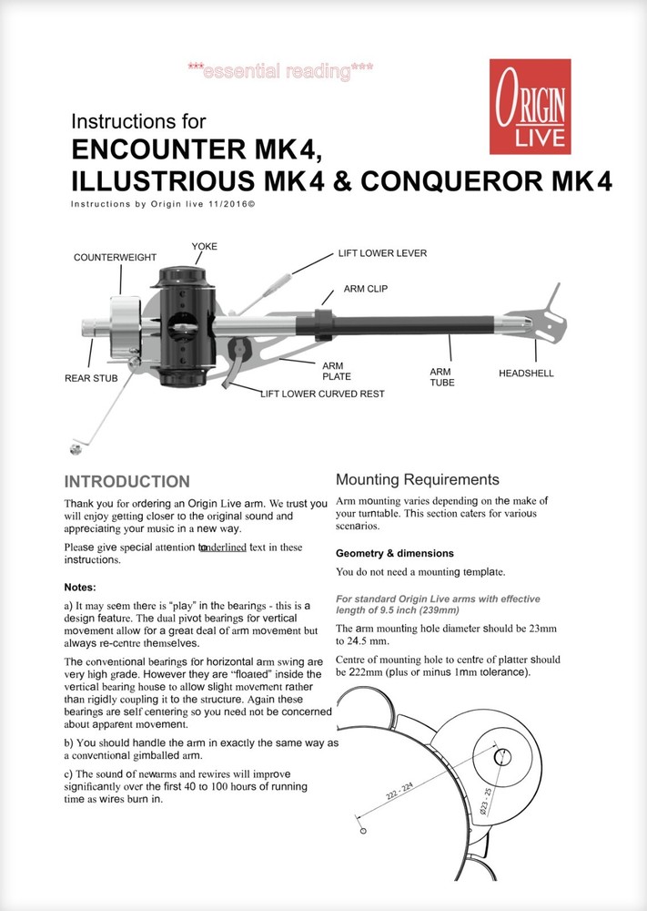Origin Live Encounter/Illustrious/Conqueror Mk4 Tonearm Cartridge Protractor
