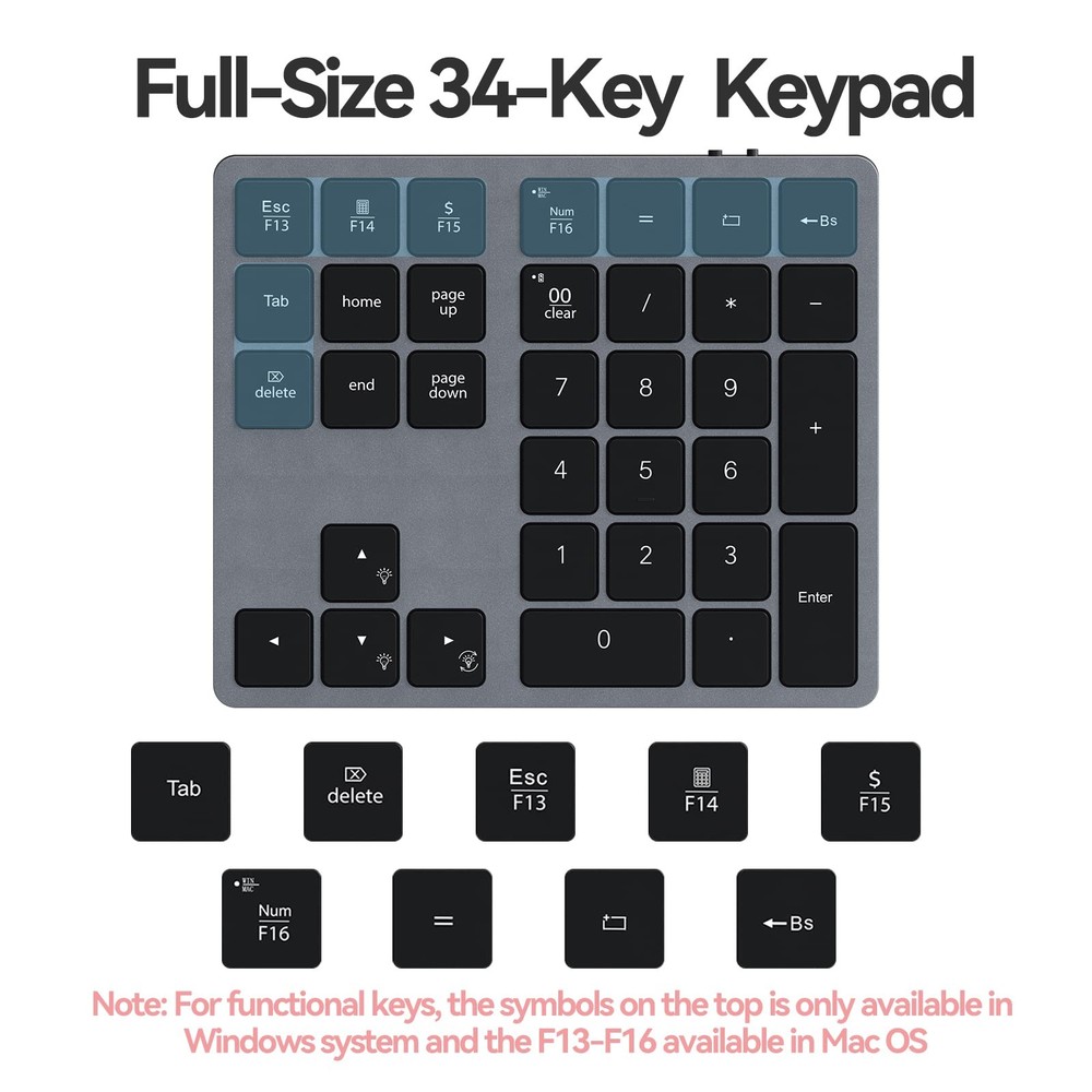 Backlit Bluetooth Numeric Keypad for Laptops and Computers, Number Pads 34 Ke...