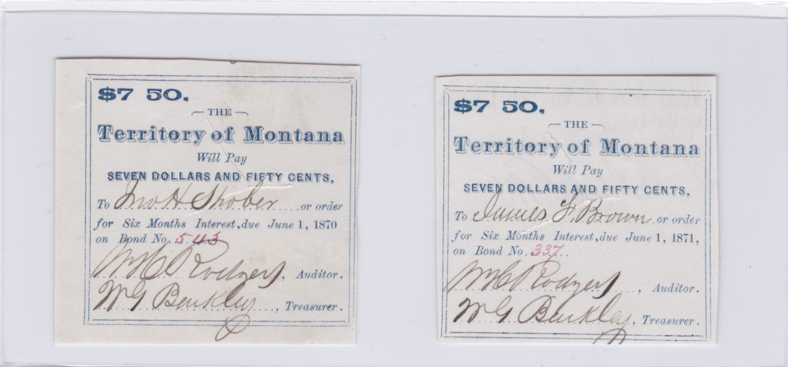 Montana Territory Bond Coupons Qty 6 1868-1871 $7.50