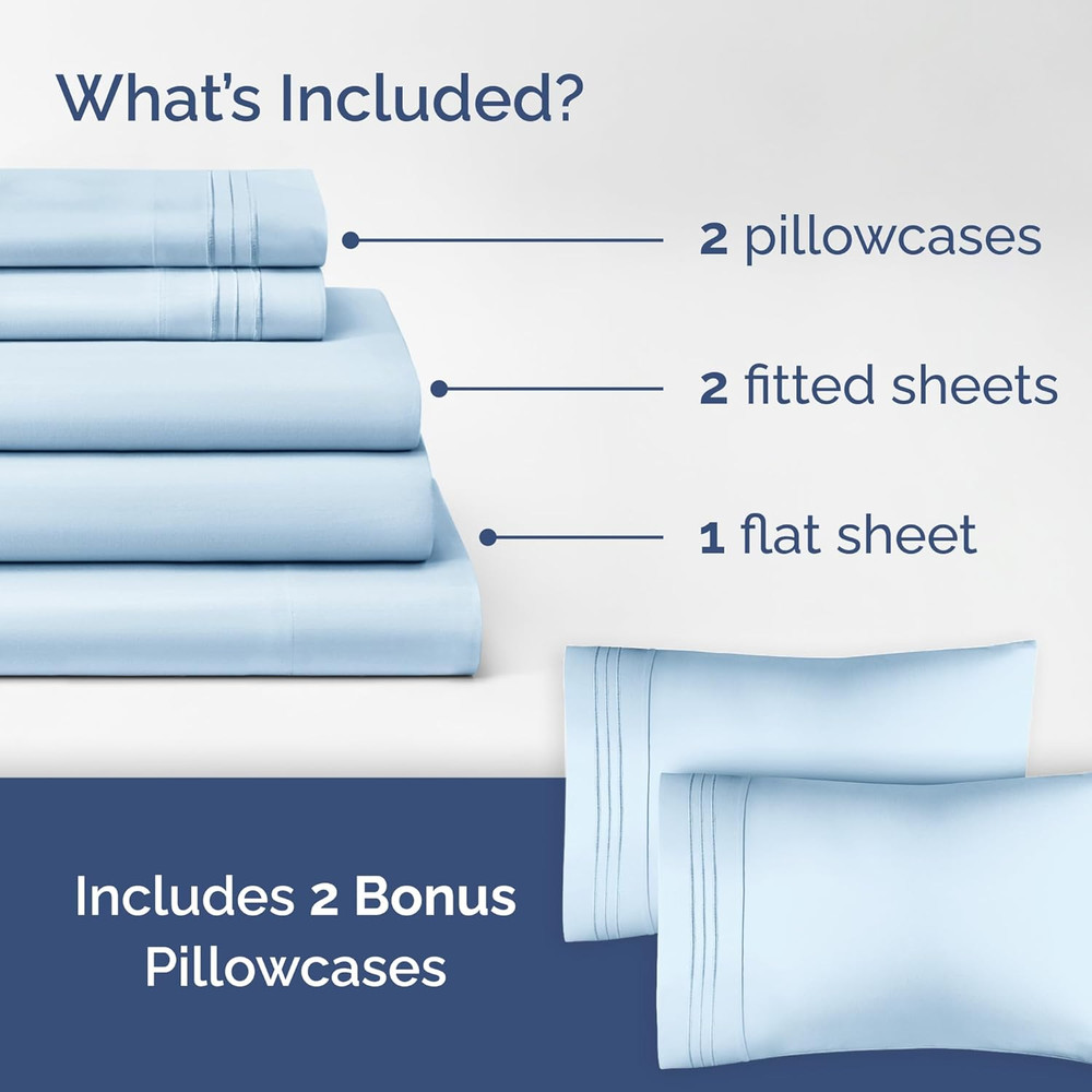 Light Blue Split King Bed Sheet Set + 2 Extra Pillowcases - Deep Pockets