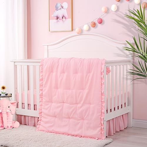 3 Pieces Crib Bedding Set for Girls- Solid Ruffle Quilted Includes Pink