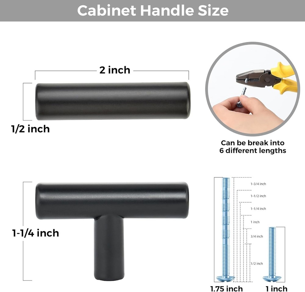 Matte Black Dresser Knobs - 2in Length, 20 Pack