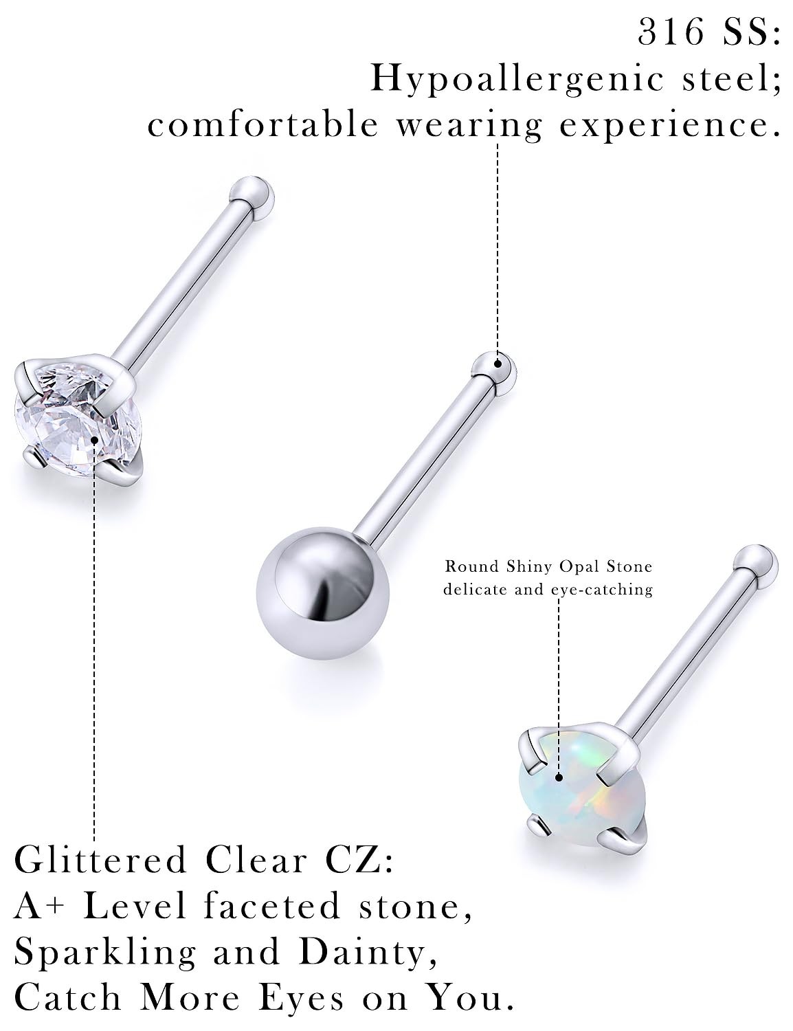 Leiainely Nose Rings Studs Piercings Jewelry for Women 3mm, 2mm, Bone