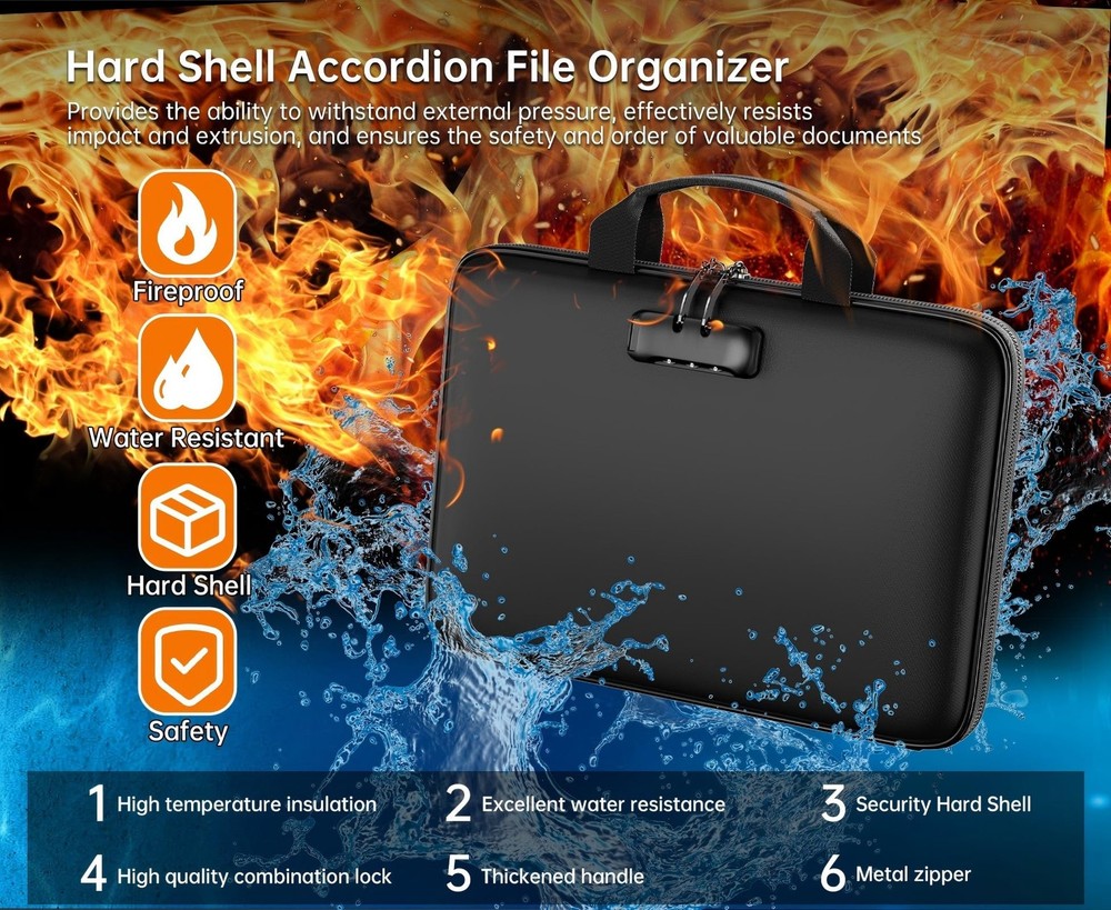 Fireproof File Organizer with Lock, Hard-Shell Case Fireproof Document Box wi...