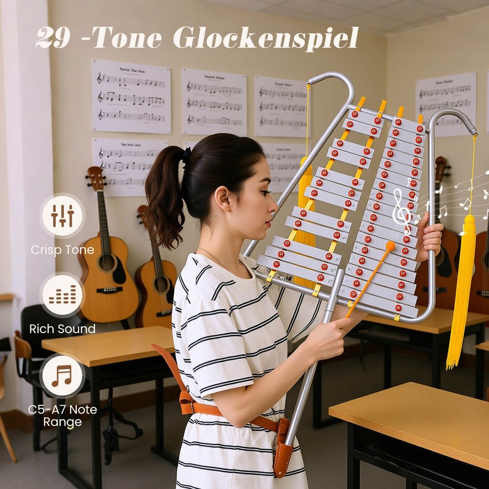 29 Notes Glockenspiel Percussion Kit w/Adjustable Handle, 2 Mallets, Belt Clip