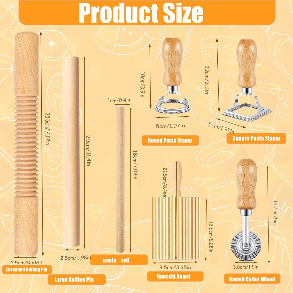 7 pcs Wood Gnocchi Pasta Making Tools Kit with Threaded Pasta Roller Pin Set,...