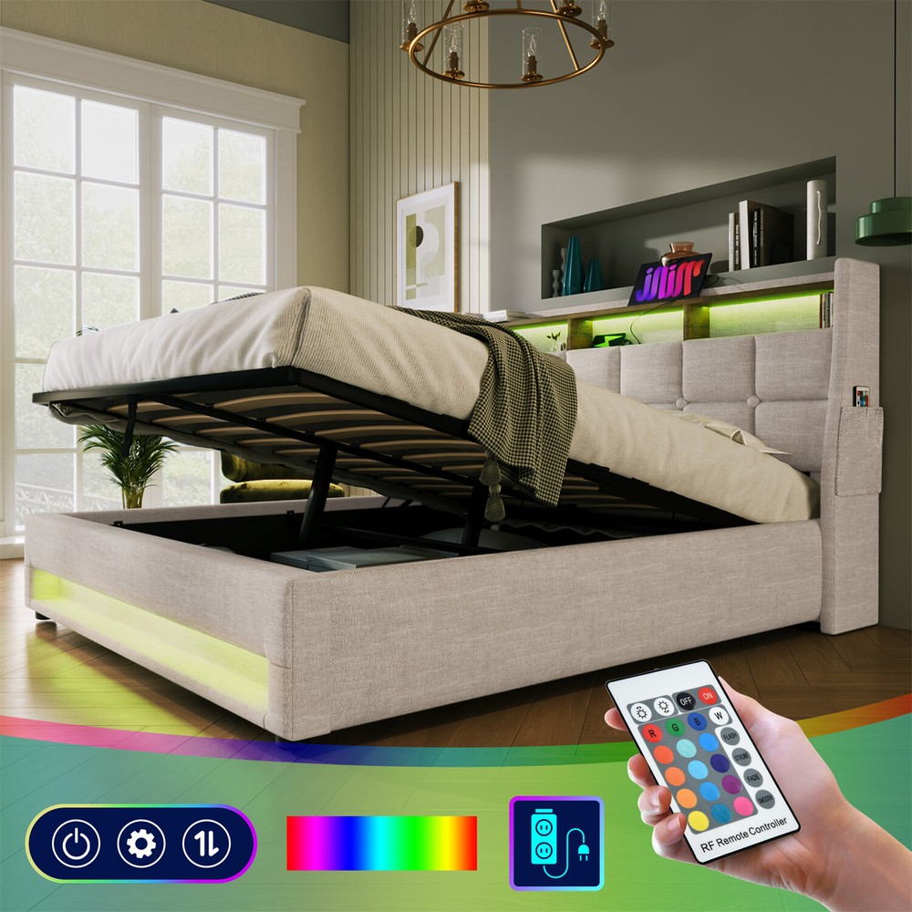 Queen Size LED Bed Frame Upholstered Platform Bed w/ Hydraulic Storage System US