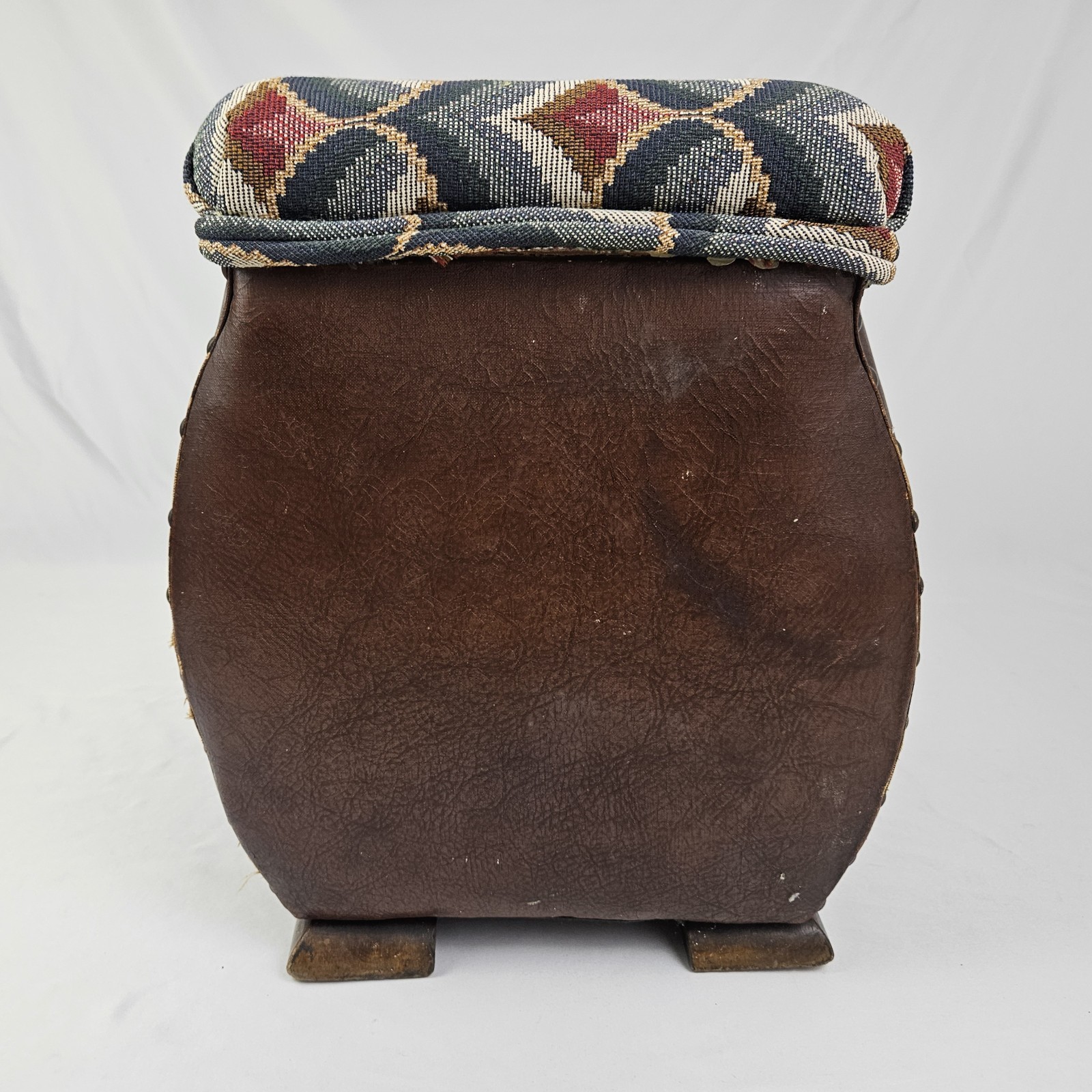 Chinoisiere Footstool Ottoman Leather Upholstered Vintage Chinese Chippendale