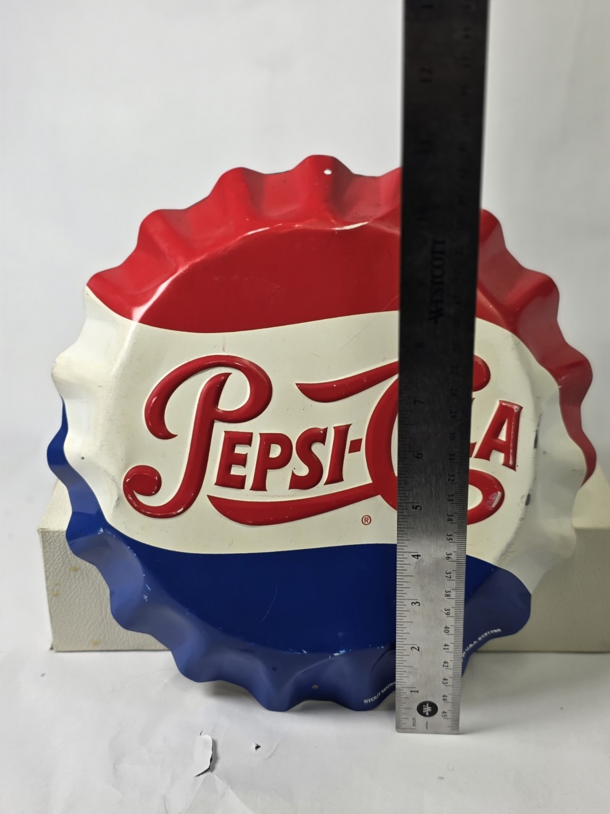 Pepsi-Cola Bottle Cap Sign 11" | Metal Embossed | Stout Marketing St. Louis, Mo.