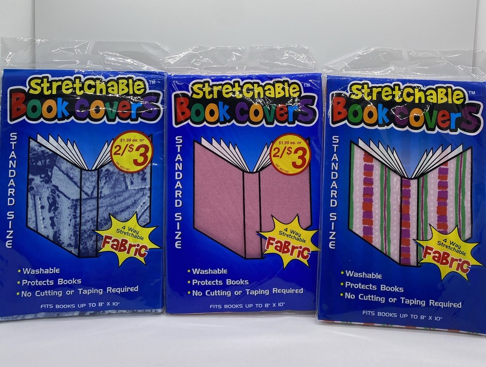 Book Covers Regular SZ - Stretchable! 3-Pack Blue Print, Pink (solid), Lines