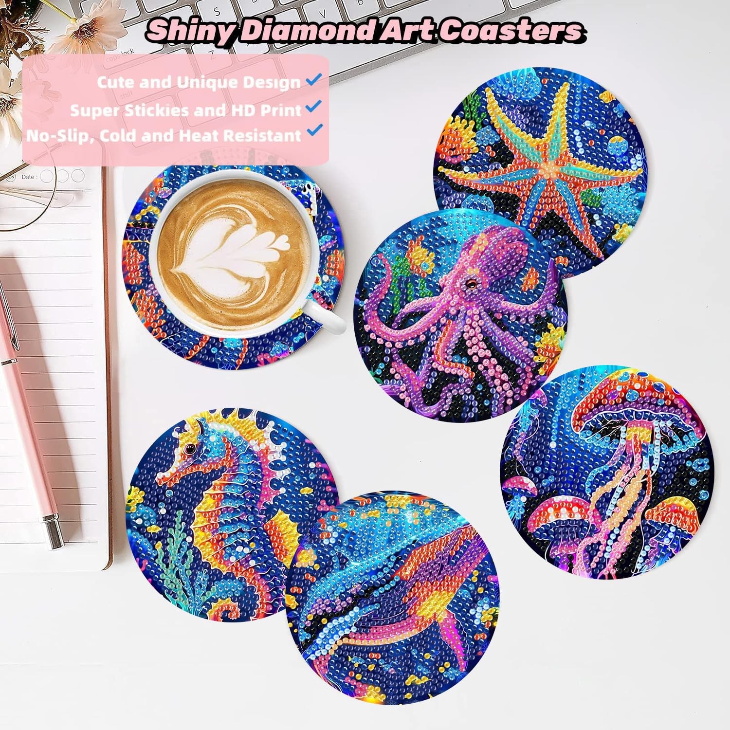 Ekuxom 6 Pcs Diamond Art Coasters Kits, DIY Ocean 4x4in (10x10cm),