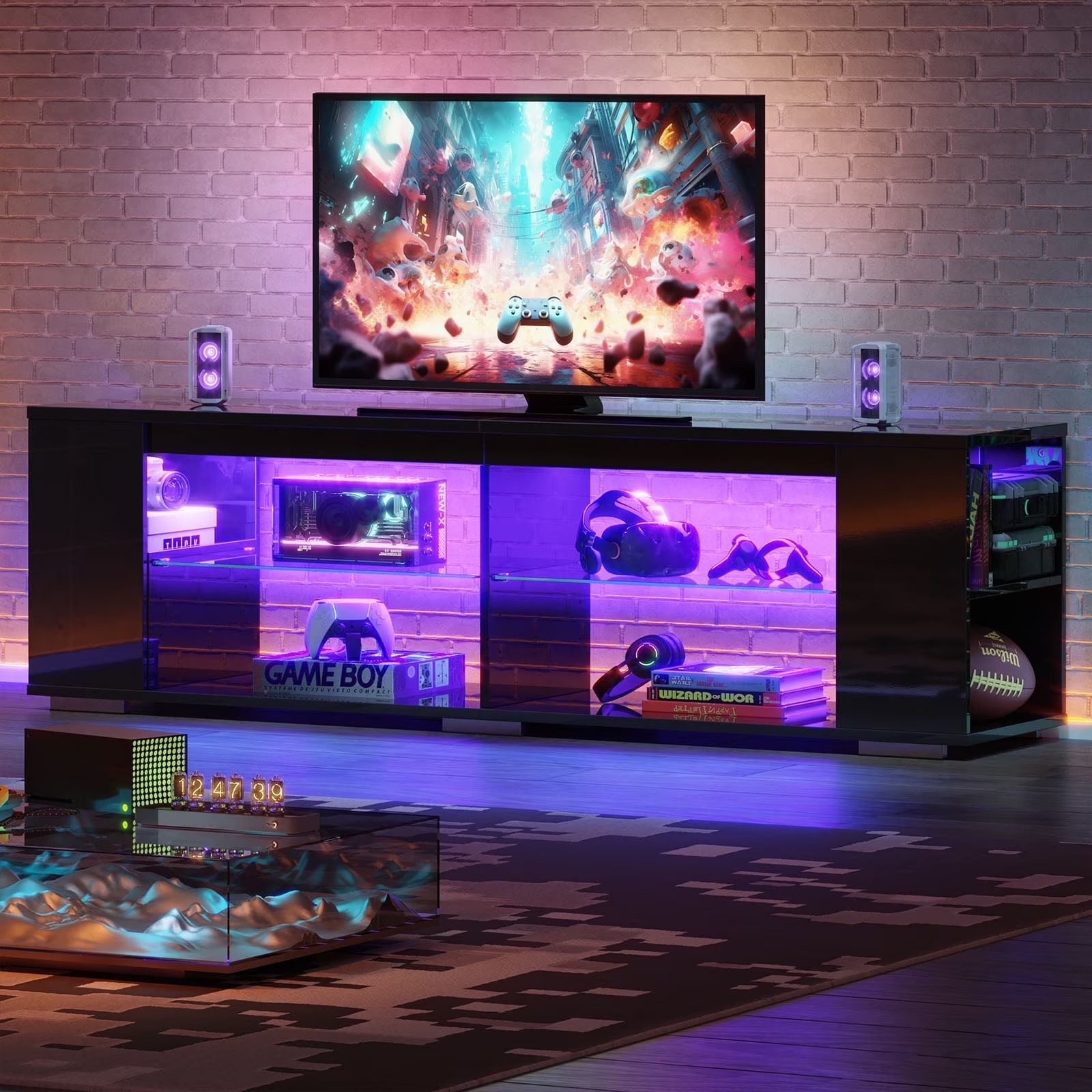 LED TV Stand for TVs up to 80" Gaming Entertainment Center w/ Shelves Black