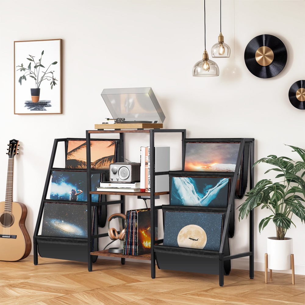 Large Vintage Record Player Table Vinyl Display Shelf w/ Power Outlets & Socket