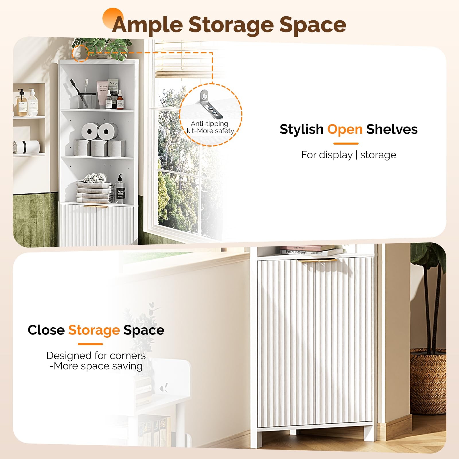 Tall Corner Cabinet with Fluted Doors, 68" White Corner Storage Cabinet