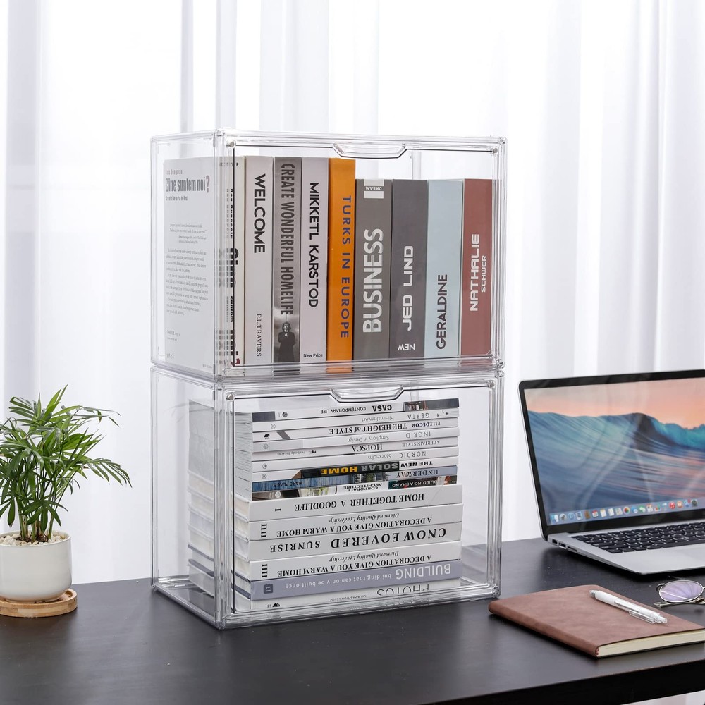 FABROK 2Pcs Clear Stackable Plastic Book Storage Display Organizer Box
