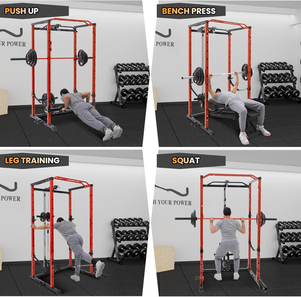 Power Cage, Multi-Function Squat Rack with LAT Pulldown, 1600 LBS Weight Capacit
