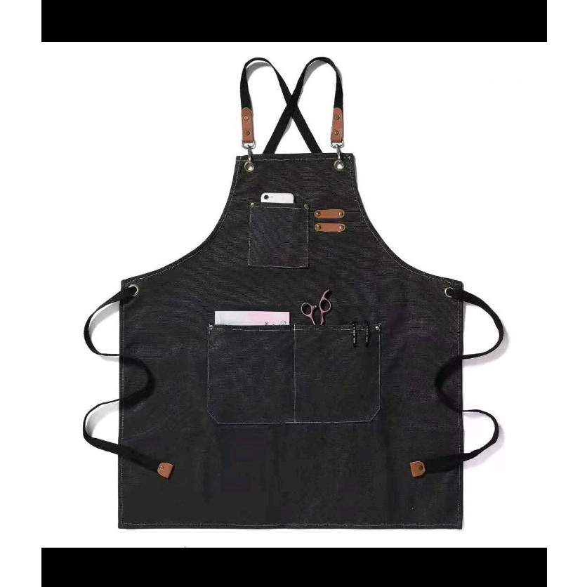 canvas work design Cotton X-Back Style Work Apron with Multiple Pockets, Black