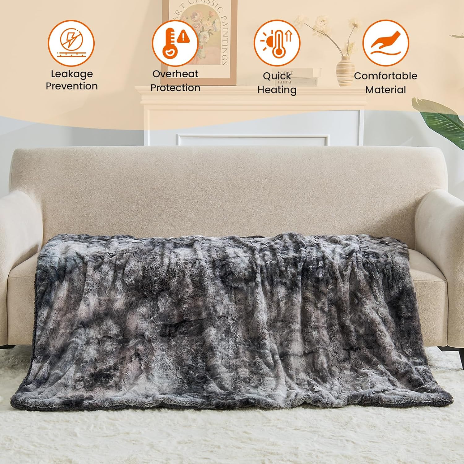 Electric Heated Throw Blanket - Faux Fur Sherpa 50"x60" Fast Heating Bed Blanket