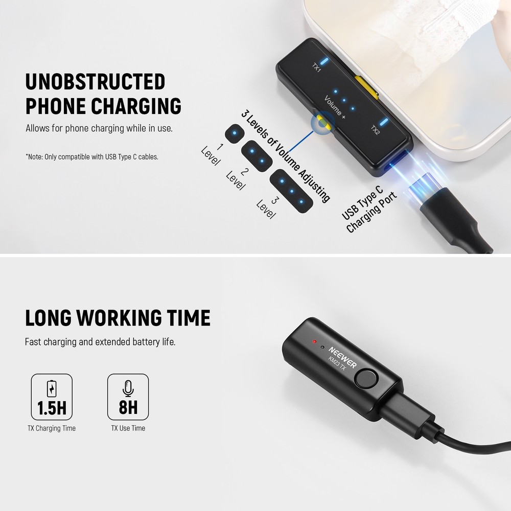 NEEWER KM23D Wireless Lav Mic for iPhone/Android/PC, 40m Range, 1RX+2TX