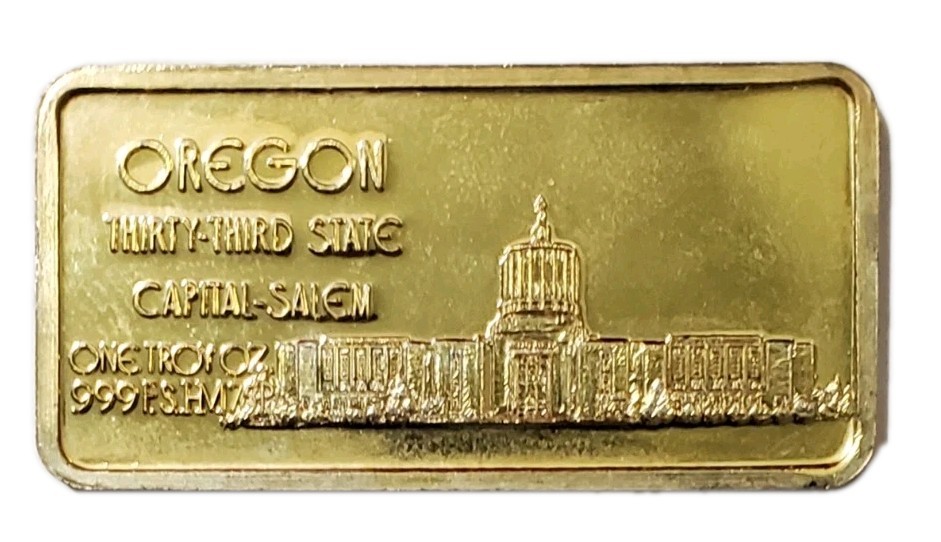 1 Oz Silver 33TH State OREGON Gilded Bar.