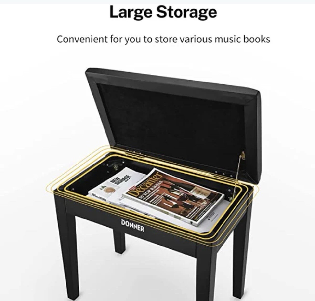 Beautiful Donner Piano Bench with Storage, Solid Wood DKB-10, Black