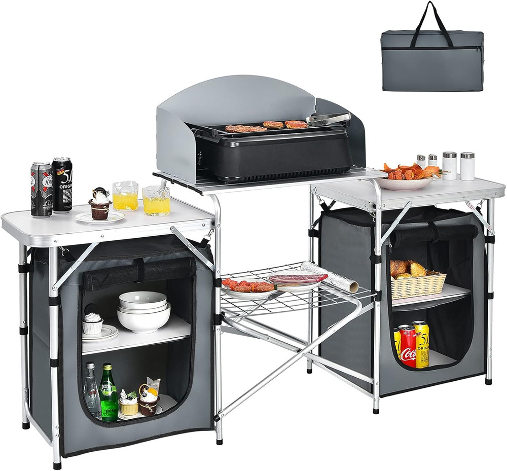 Camping Kitchen Station, Folding Grill Table with 26'' Tabletop, 2 Side Tables,