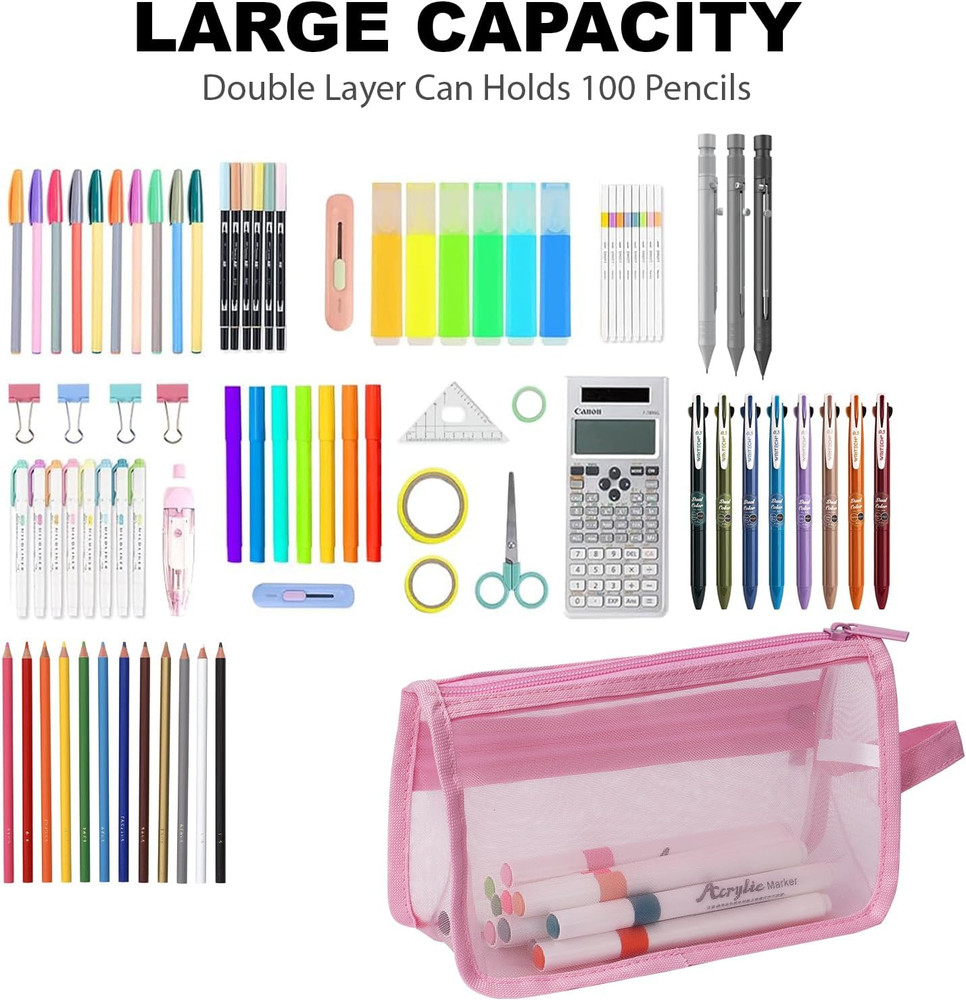 2-Pack Grid Mesh Pencil Case with Handle and Zipper, Double Layer Clear Pencil P