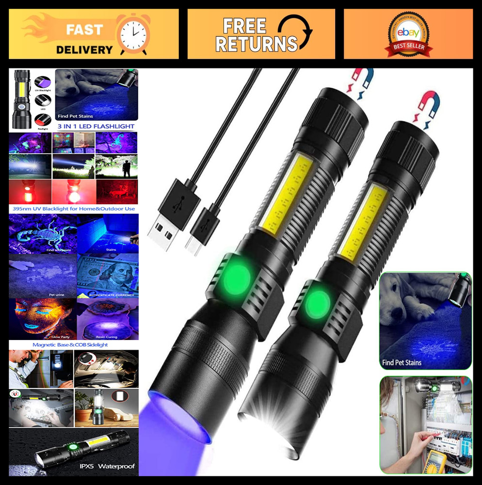 Rechargeable 3-in-1 UV Black Light Flashlight - 2000 Lumen, 7 Modes, Waterproof,