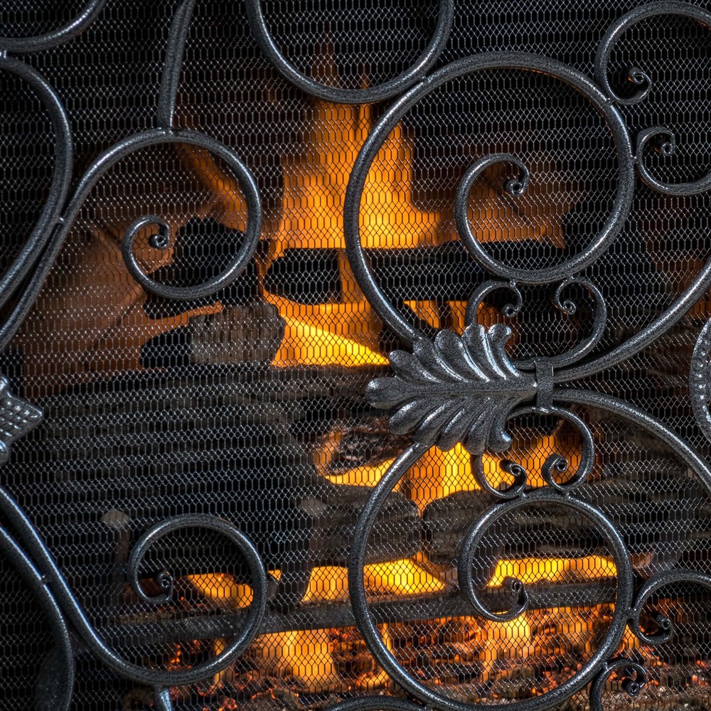 Black Silver Fireplace Screen Panel Stand Wrought Iron Mesh Victorian Scrollwork