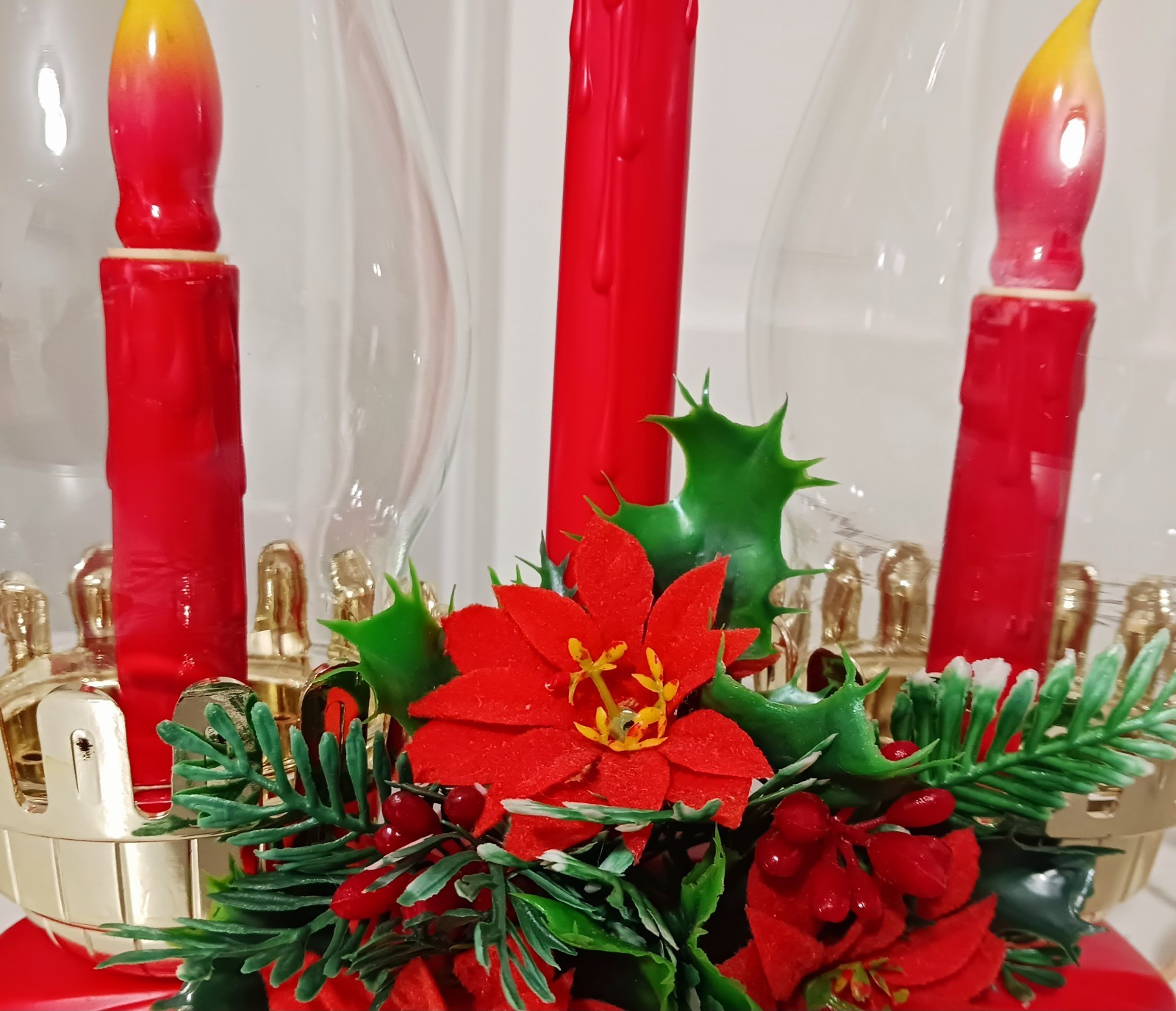 Vintage Christmas Flocked Poinsettia Hurricane Duel Chimney Electric Candle