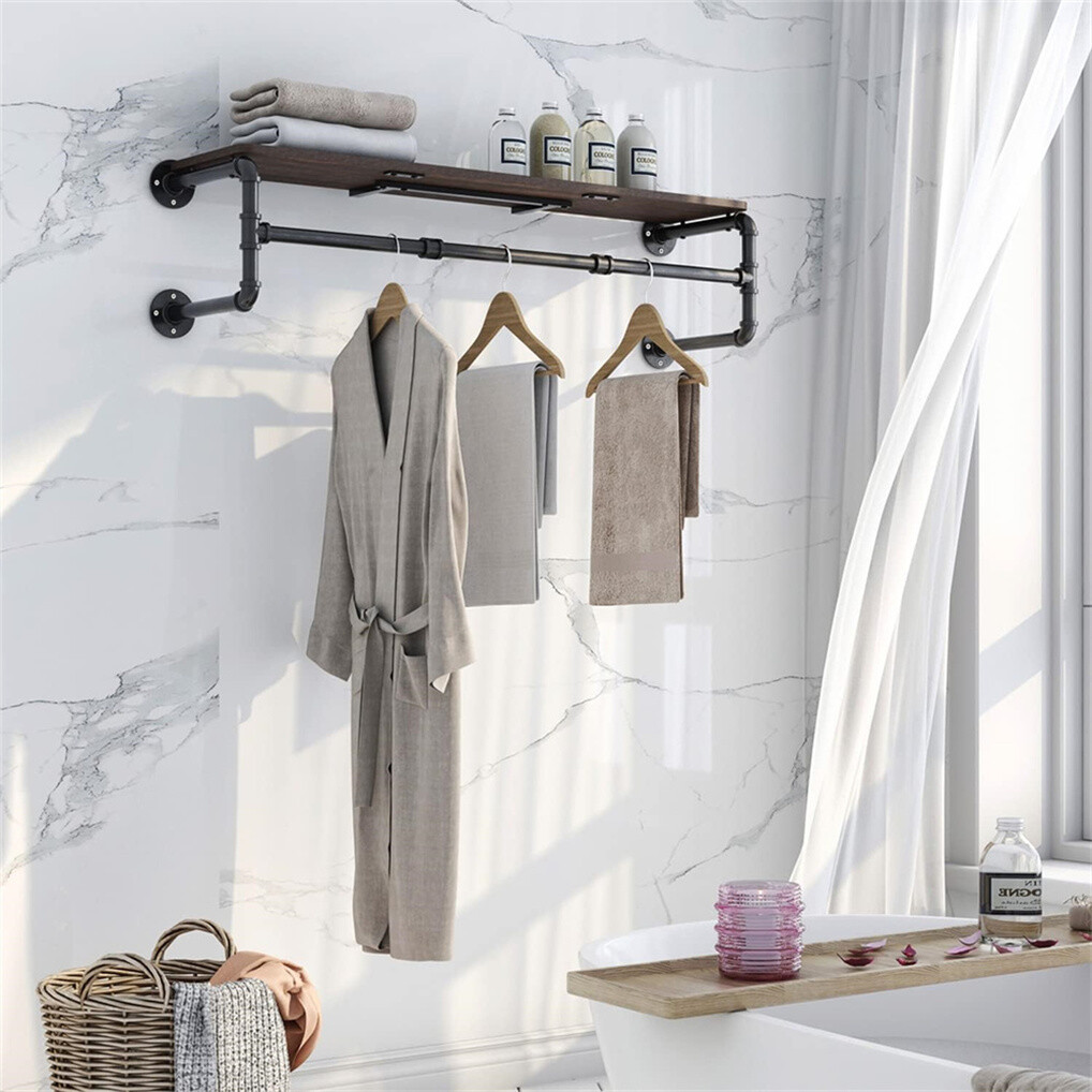 Clothes Rack w/ Top Shelf Industrial Pipe Wall Mounted Garment Rack Hanging Rail