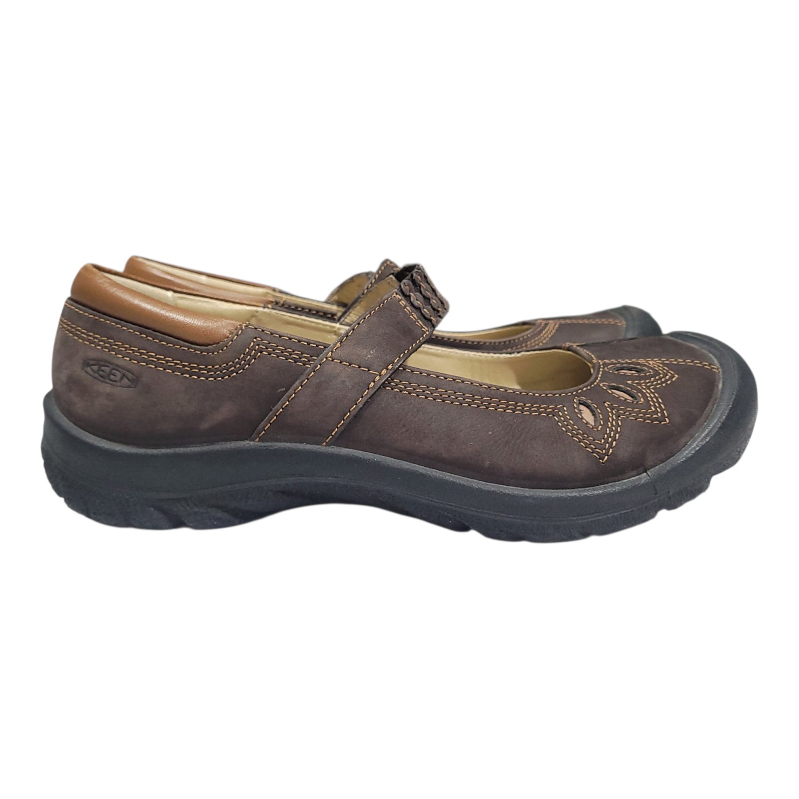 Keen Mary Jane Shoes Women's 8 Brown Leather Slip On Flower Detail EXCELLENT