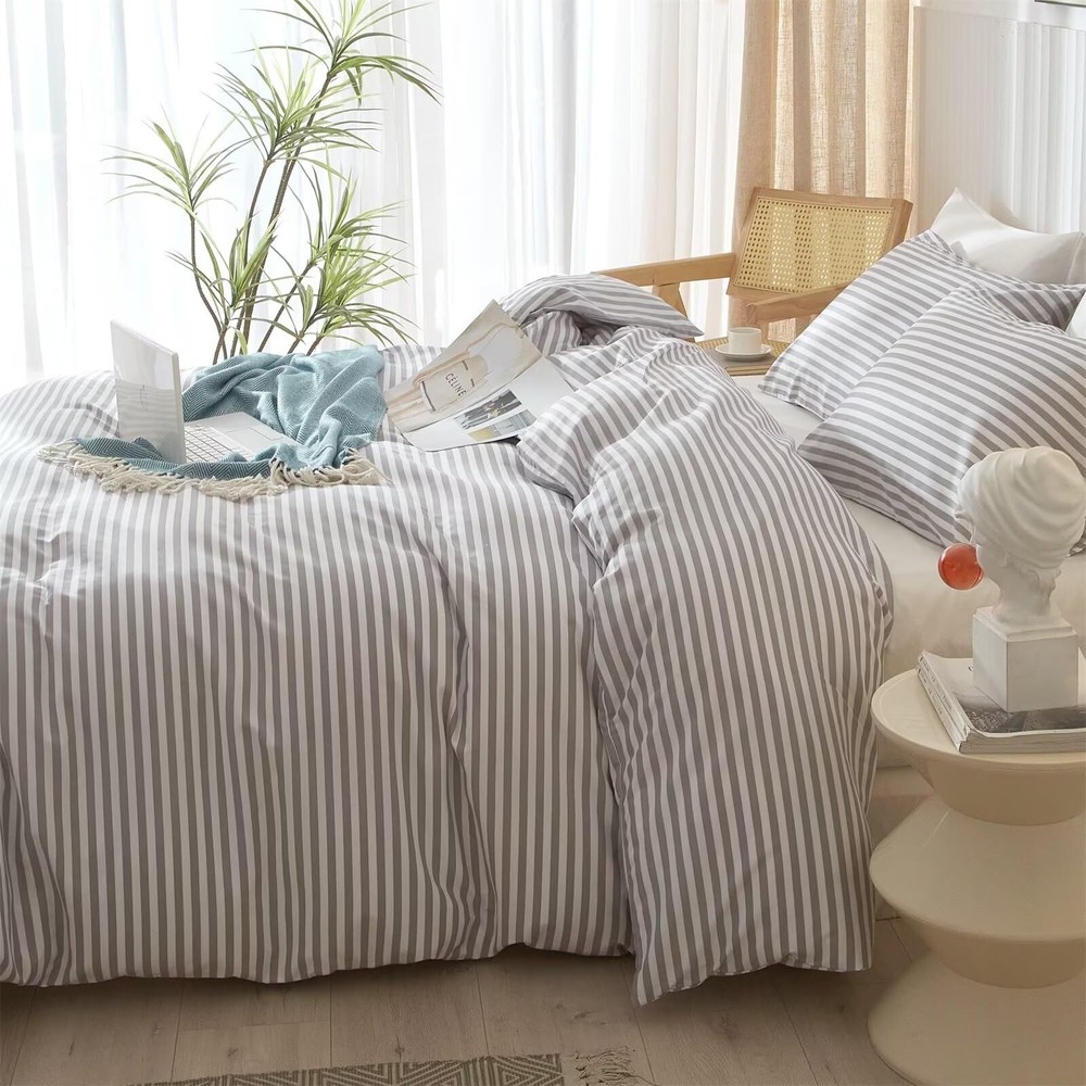 mixinni Striped Comforter Set Full Size - Grey White Stripes Pattern Bedding Set