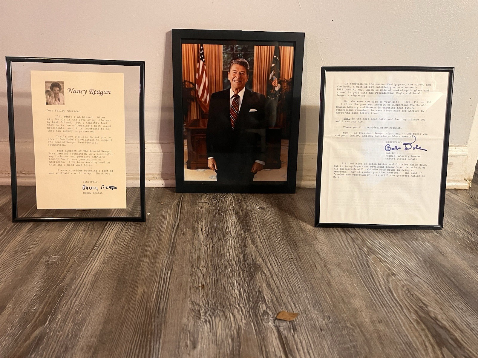 Framed Signed Letters From Nancy Regan And Bob Dole And Framed Photo Of Regan￼