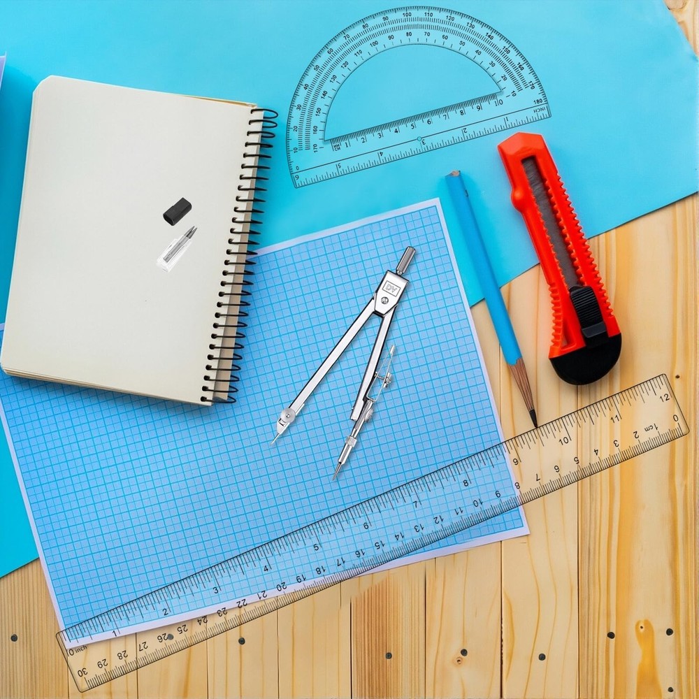 3 PCS Geometry Set 12 Inch Ruler Clear Protractor Compass Drawing Measuring