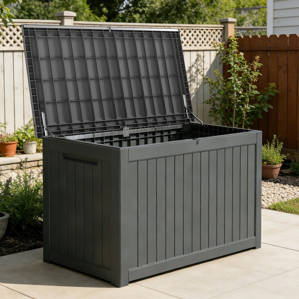 230 Gallon Large Resin Deck Box Extra Bench Seating Easy Assembly Lockable BLACK